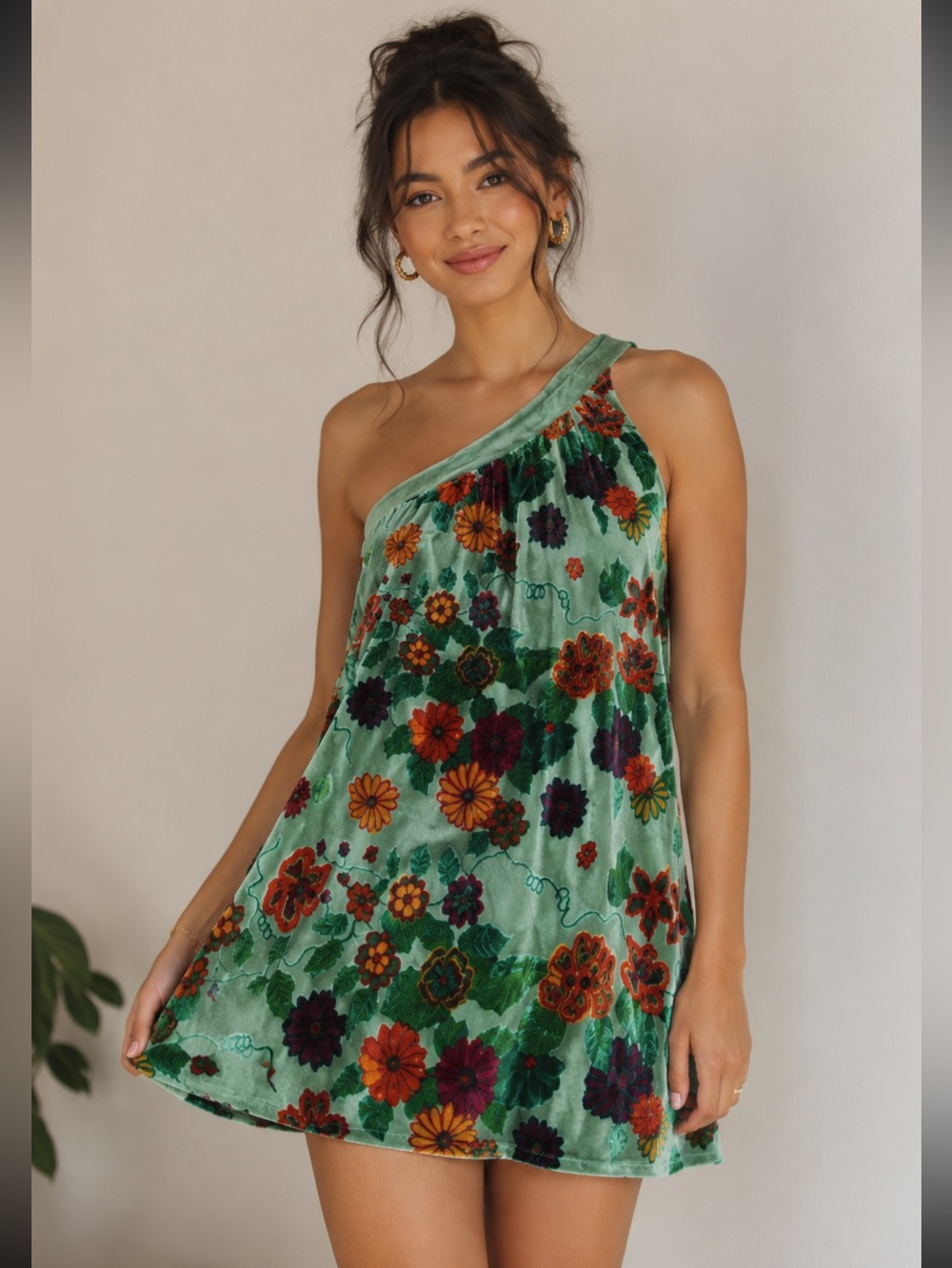 Dress sage green floral velvet one shoulder dress size whimsigod  grunge
